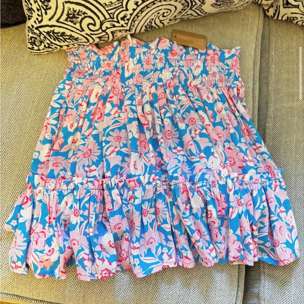 Vestique Blue and Pink Smocked Bubble Mini Skirt